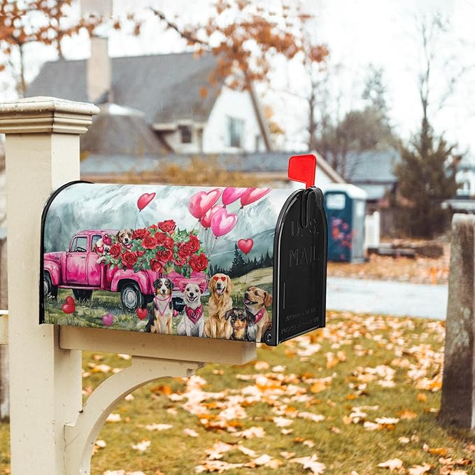 Mailbox Cover Magnetic Valentine Truck Dog Flowers Mailbox Wrap Post Cover Standard Size 21x18 Inch for Garden Yard Outdoor Outside Patio Wedding Holiday Decor