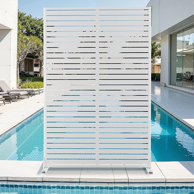 Metal Privacy Screen for Outdoor & Indoor Use, Free Standing Privacy Screen for Patio Garden Pool, 72" H x 47" W Decoative Privacy Panels, Weather Resistant, Easy Assembly (White Louvered)