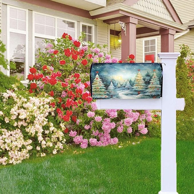Festive Magnetic Mailbox Cover Christmas Forest Pattern Outdoor Mailbox Protector Holiday Seasonal Decorative Garden Yard Home Large Size 25.5 x 21 Inch