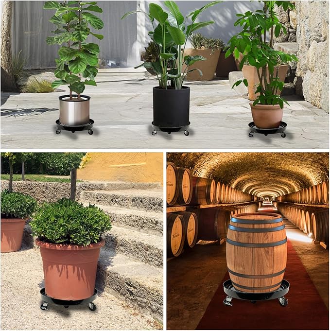 2 Pack Metal Plant Caddy With Wheels 20 Inch Black, Round Rolling Heavy Duty Plant Dolly, Heavy Plant Pot Mover Outdoors or Indoors, The Metal Wheel Can Rotate 360 Degrees or Lockable.