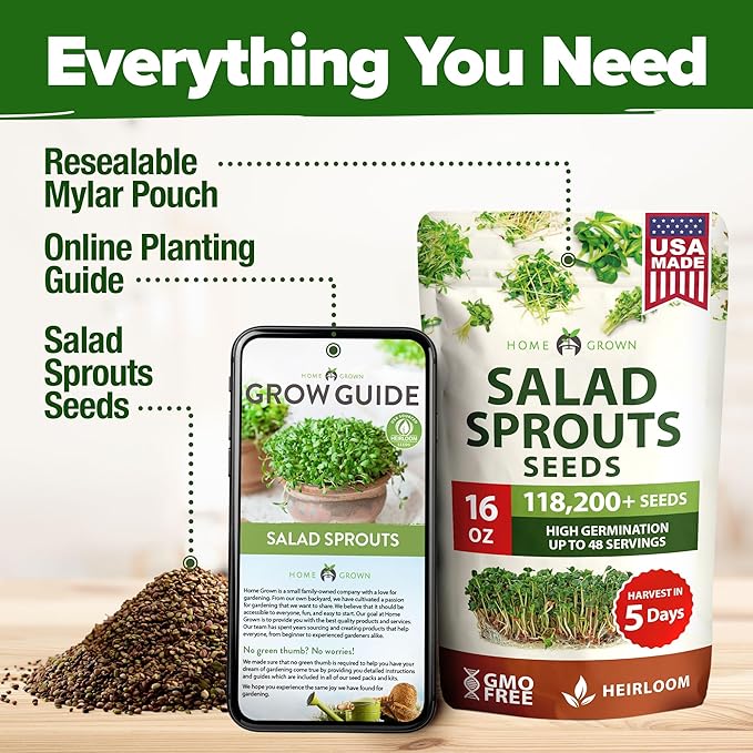 HOME GROWN 16oz Premium Sprouting Seeds Mix 118,200+ Microgreens Seeds for Indoor Growing - Non-GMO Broccoli, Alfalfa, Radish, Clover Sprouts Seed - Resealable Pack for Healthy Salad & Juicing