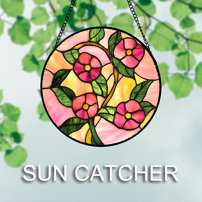 Stained Glass Window Hanging 4 Pcs Set Pink Floral Theme 6.3" - Flowers Suncatcher Door Garden Sun Catcher Decor Birthday Christmas for Mom Woman Nana Men Friend