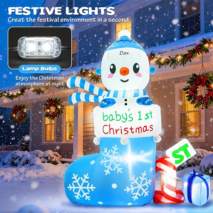 Christmas Inflatable Outdoor Decorations, 6 FT Inflatables Babys First Christmas Stocking Snowman Yard Decor, Built-in LED Lights Blow up 1st Xmas DIY Name Ornament for Indoor Outside Lawn Garden(Boy)