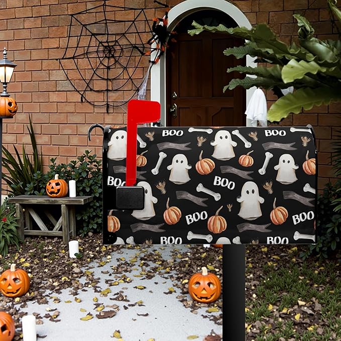 Boo Spooky Mailbox Magnetic Covers Halloween Ghost Mailbox Cover 25.5x21 inch Pumpkin Mail Box Wrap Decorations for Outside Garden Yard Black