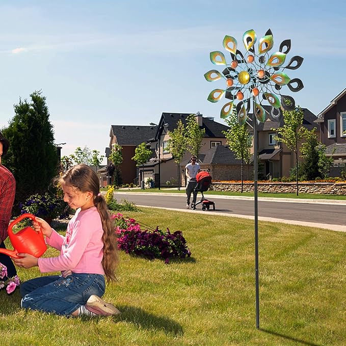 63 Inch Kinetic Wind Spinners with Stake, Metal Windmill Garden Decorations, 360 Swivel Peacock Outdoor Wind Sculpture, Dual Direction Wind Catcher for Yard Art, Lawn Decor, Idea Gifts