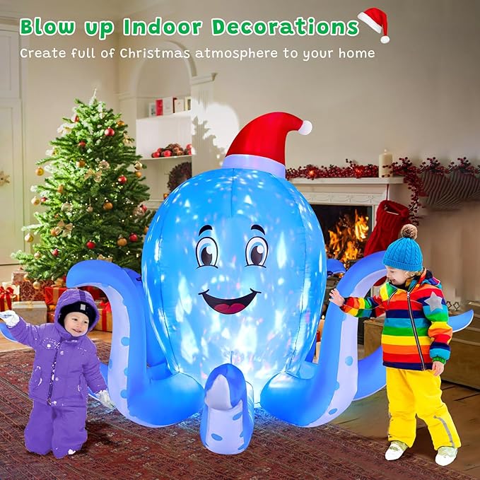 FunFanso 7FT Christmas Inflatable Octopus Outdoor Decorations, Blow up Blue Octopus with Xmas Hat Indoor Decor, Built-in Rotating Flame LED Holiday for Yard Lawn Garden Patio Party Indoor Home Porch