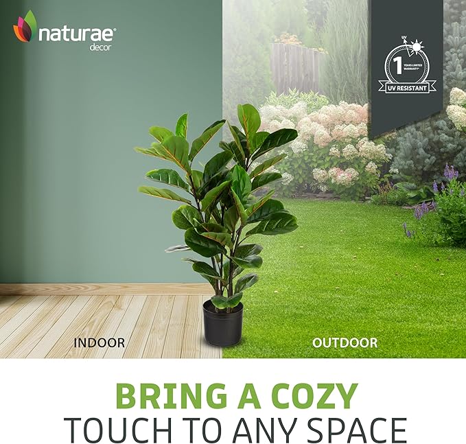 Naturae Decor Artificial Fiddle Leaf Fig Tree - 35-inch Ficus Lyrata Tall Faux Plant in a Black Pot - Realistic, Color Lock, Durable - Indoor or Outdoor Use - Modern Decoration for Home or Office