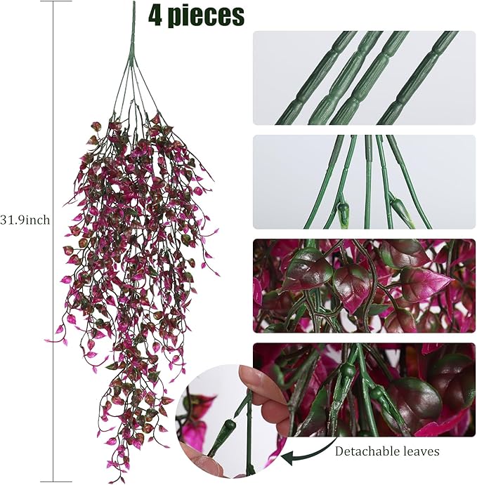 RECUTMS Artificial Hanging Plants 4pcs 33Inch Faux Eucalyptus Leaves Ivy Swag Plant UV Resistant Fake Plastic Greenery Indoor Outdoor Home Garden Office Christmas Xmas Party Spring Decor(Purple Red)