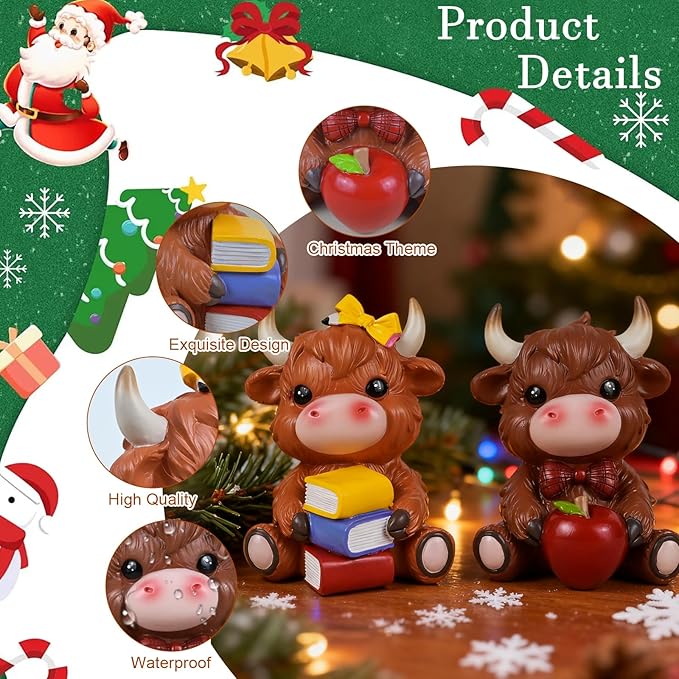 2PCS Cute Highland Cow Figurine Resin Cow Gnomes Statue for School Classroom Highland Cows Desk Decoration Book Shelf Decor Kids Students Book Lover Gifts