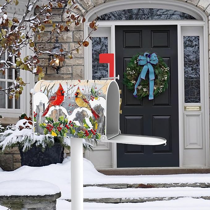 Winter Cardinal Mailbox Cover Magnetic Standard Size 20.5" x 18", Red Birds Holly Berries Snow Decorative Post Letter Box Wrap Decor, Christmas Seasonal Farmhouse Garden Yard Outdoor Decoration