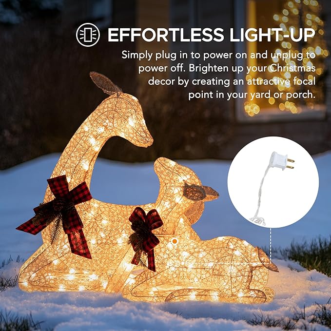 SUNJOY Large 2-Piece Christmas Lighted Lying Deer, 3D Tinsel Santa Lying Deer Outdoor Garden Yard Lawn Festive Holiday Decoration with Lights for Indoor & Outdoor