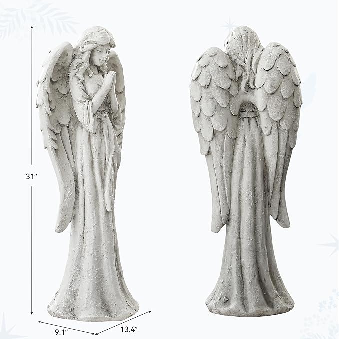 Praying Angel Statue for Outdoor Garden, 31 Inch Large Heavenly Memorial Sculpture,Durable MGO Stone Standing Angels for Yard, Patio or Cemetery Decor,Offering Comfort & Peace, Antique White