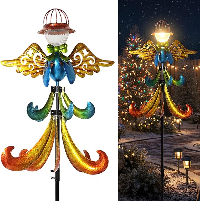 Large Outdoor Wind Spinner with Solar LED Light, Metal Angel Wind Garden Wind Turbine Stake, Weather-Resistant Decorative Solar-Powered Yard Art for Lawn, Patio & Garden