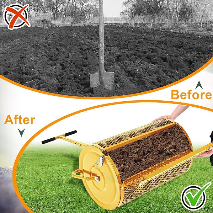 Hiboom 24 Inch Compost Spreader, Peat Moss Spreader, Manure Roller with Adjustable T Shaped Handle, Lightweight Metal Mesh for Lawn Garden Spreading Manure Topsoil (Gold)