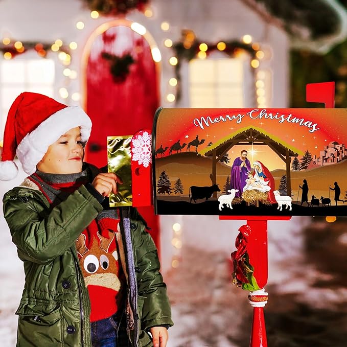 Blosssound Merry Christmas Magnetic Mailbox Cover Xmas Nativity Scene Mailbox Covers Decor Religious Red Christmas Post Box Standard Size 21 X18 Inch Garden Yard Outdoor Decoration
