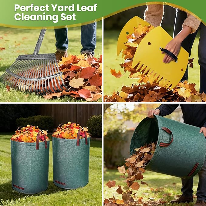 2 Pack Large 18" Wide Metal Leaf Rake, 25 Tines,65” Long Handle,Heavy Duty Graden Rakes Set for Lawn Yard Pine Needles Mulch Thatch Debris Cleanup Set with 2 Pack 72Gallon Leaf Bags and Scoops