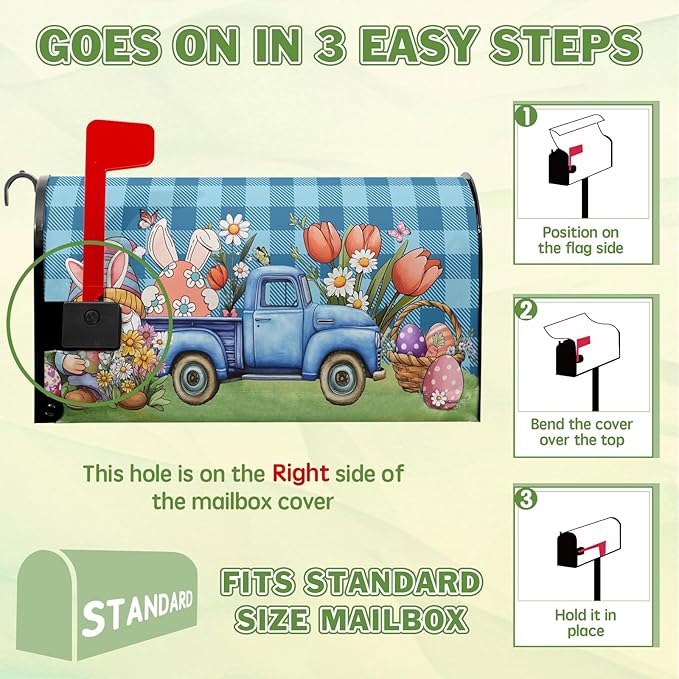 Easter Mailbox Covers Magnetic Gnome Mailbox Cover Standard Size 21x18 in Spring Colorful Flowers Decorations for Outside Garden Waterproof Oxford Blue Buffalo Plaid