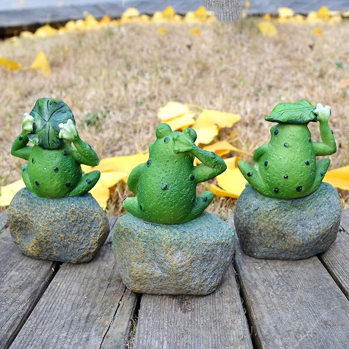 Inspirational Frogs Garden Statues, 3 Pack Frog Sitting on Stone Sculptures Outdoor Decor for Patio, Yard, Pond & Fairy Garden