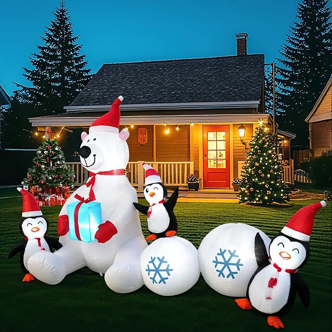 8FT Giant Inflatable Christmas Decorations Cute Polar Bear Penguin Combo，Holiday Decor with LED Lights, Ideal for Outdoor and Indoor Decor for Lawn, Garden, terraces,Xmas Holiday Party New Year