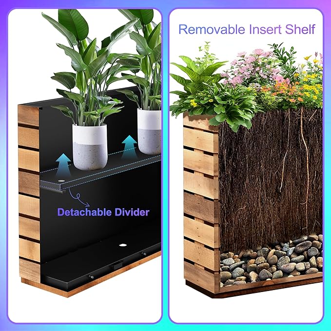 Tall Metal Planter, 15" W×16.3" H Large Rectangular Planter Box for Outdoor or Indoor, All-Weather Durable Plant Box with Drainage Holes & Removable Shelf for Patio, Porch, Garden, Trees, Flowers
