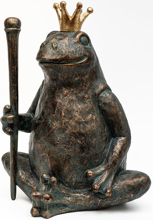 Frog Garden Statue,11.5" H×9.8" L Animal Figurines Garden Decor, Weather-Resistant Outdoor & Indoor Sculptures & Statues for Home,Patio,Yard and Entryway-Seated Frog with Scepter