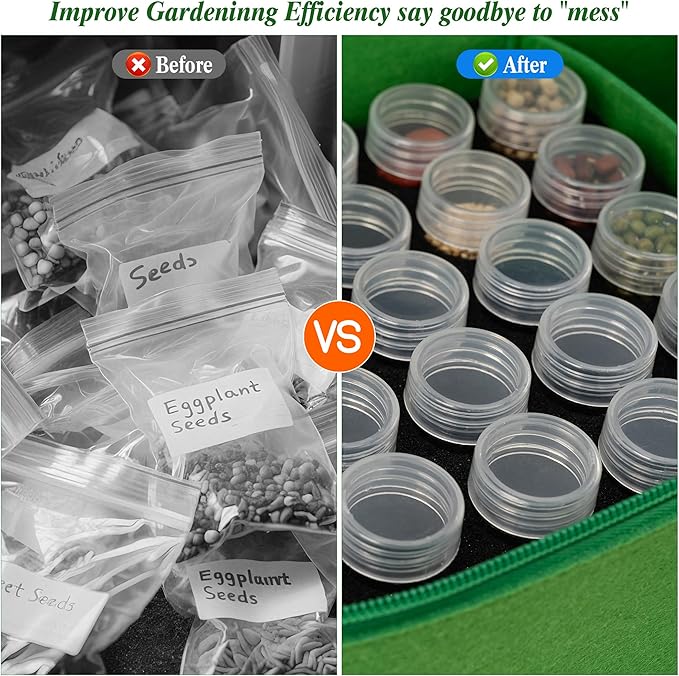 Seed Storage Organizer, 60 Slots Seed Saving Box, Thick Fabric Seed Bin 3 Compartment Seed Packet Container for Vegetable Flower Plants Garden