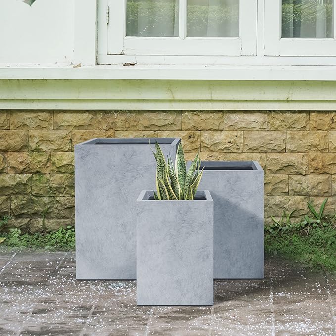 Kante 18.5",15.7",12.6" H Tall Rectangular Concrete Planters Set of 3, Outdoor Indoor Lightweight Plant Pots with Drainage Hole and Rubber Plug, Modern Style for Home Garden Patio, Slate Gray