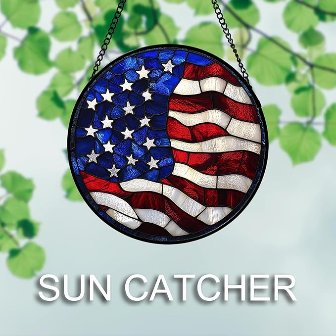 Stained Glass Window Hanging 4 Pcs Set Red Blue Flag Freedom Theme 9.8" - Suncatcher Door Garden Sun Catcher Decor Birthday Christmas for Mom Woman Nana Men Friend