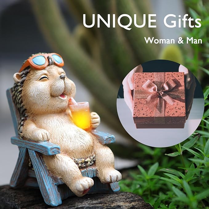 Hedgehog Statue Outdoor Solar Garden Decor for Outside Lawn Yard Patio, Home Office Thanksgiving Decorations Indoor Lights, Ideal Ornaments Birthday Gifts for Mom Women Grandma