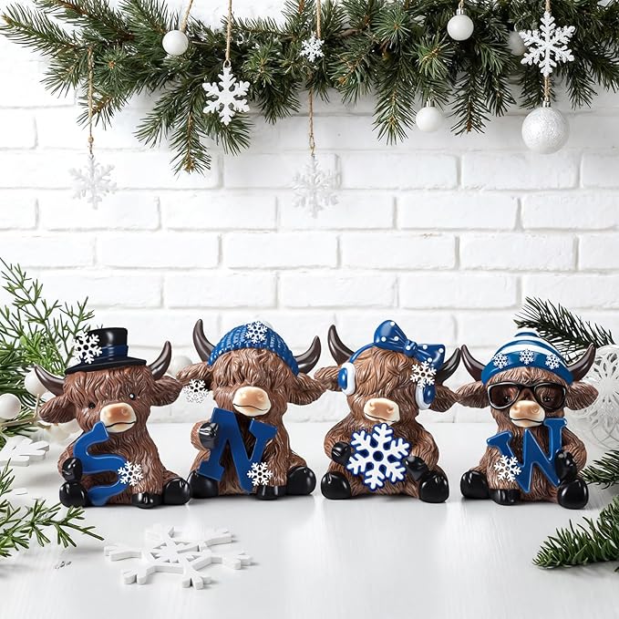 Sosation 4 Pcs Winter Snow Highland Cow Figurines Christmas Snowflake Highland Cow Gnomes Snowy Scottish Resin Statue Calf Gifts for Winter Home Garden Kitchen Office Tiered Tray Table Decor