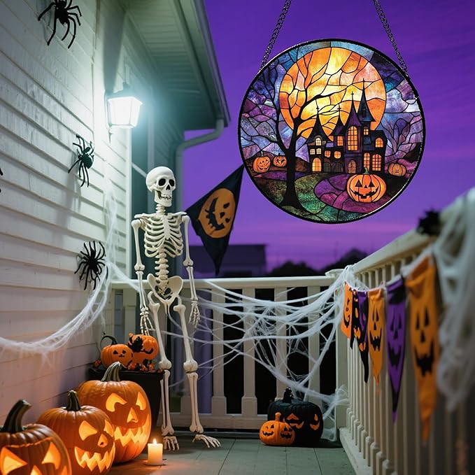 Stained Glass Window Hanging Halloween Horror Pumpkin 6.3" - Suncatcher Door Garden Sunroom Golden Moon Church Sun Catcher Birthday for Friend Mom Men Woman Nana