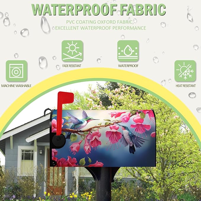 Summer Mailbox Covers Magnetic Oversized Hummingbird Flower Mailbox Post Cover Fuchsia Hybrida Floral Mailbox Wraps Bird Pink Flowers Mailbox Decor Waterproof Garden Large Size 25.5 X 21 Inch