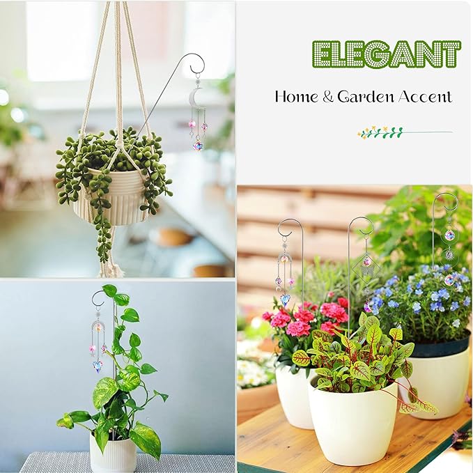 HDCRYSTALGIFTS 4 Pack Small Trellis with Crystal Sun Catchers for Potted Plants Decorations 13.5'' Indoor Plant Stake Suncatcher Accessories for Home Window Garden, Sliver