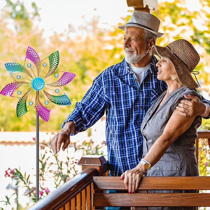 Colorful Outdoor Wind Spinner, Kinetic Small Garden Windmill with Stake, Geometric Metal Pinwheels for Yard Patio Art Decor(B-Colorful-1PCS)