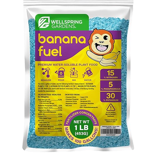 Wellspring Gardens Banana Fuel Fertilizer - Water-Soluble 15-5-30 Blend - Banana Plant Fertilizer - Plant Food - Formula for Banana Trees & Plants - Grow Healthy and Happy Plants (1 Pound)