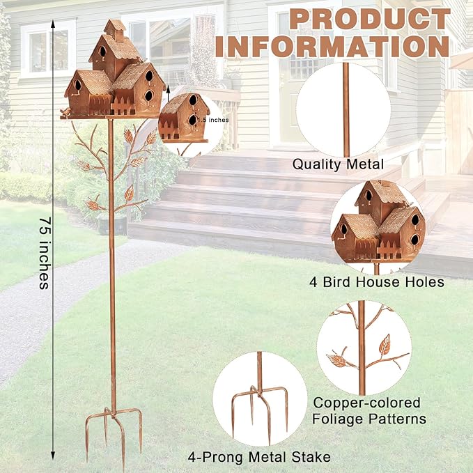 75" Large Copper Colored Multi-Birdhouse Stakes - Metal Bird Houses Stake with Pole for 4 Bird Families in Each for Outdoor Patio Yard Garden Decoration