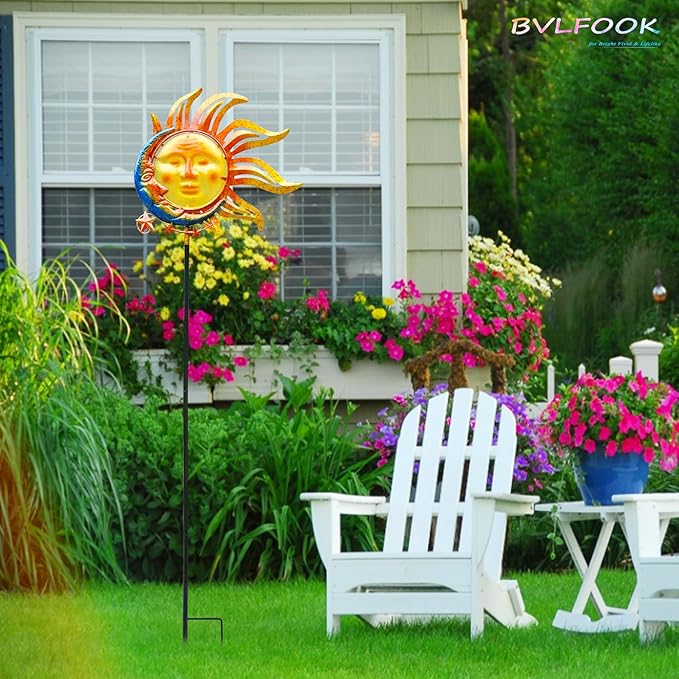 Solar Light Outdoor Garden Decoration Colorful Metal & Glass Sun Moon Star Garden Stake Decorative Waterproof Warm White LED Yard Decor for Pathway Lawn Patio Backyard
