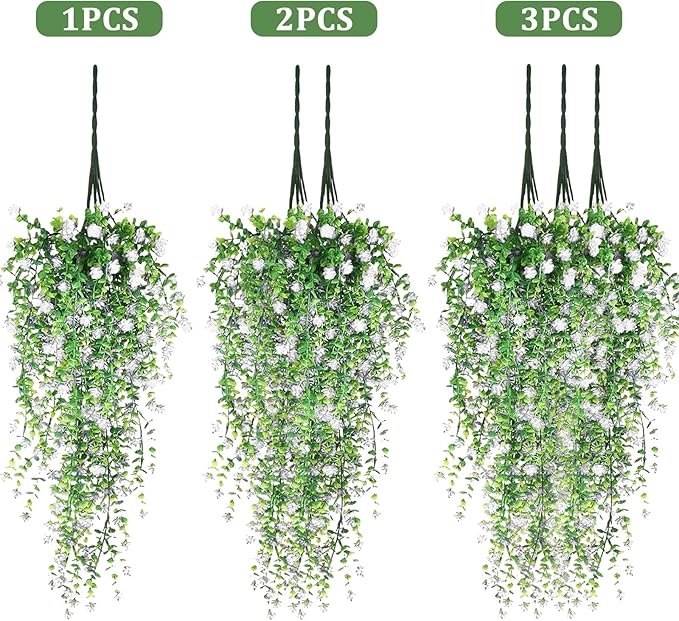 Artificial Hanging Flowers, 3 Pcs Fake Hanging Plants Artificial Vines for Outdoors, Fake Ivy Vine UV Resistant No Fade Faux Plants for Indoor Outside Garden Patio Yard Greenery Decoration (White)