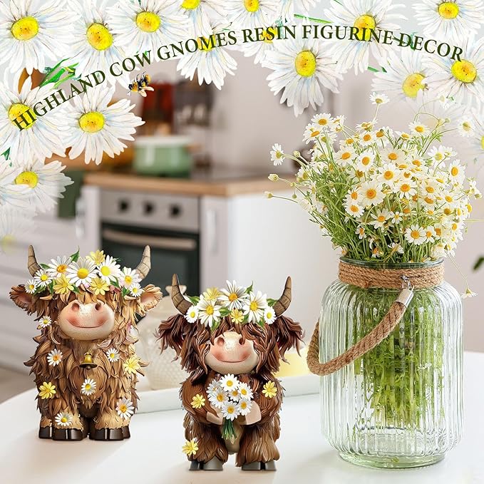 2 Pcs Highland Cow Figurines Daisy Flower Highland Cow Gnomes Decor Resin Statue Calf Lovers Gifts for Farmhouse Home Garden Kitchen Office Tiered Tray Table Decor