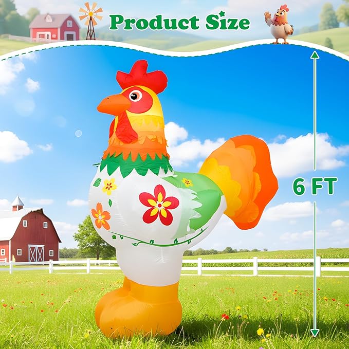 6FT Christmas Spring Farm Ranch Rooster Inflatables Blow up Cute Animals Decorations with LED Light Outdoor Indoor Graden Yard Party Lawn Holiday Decor