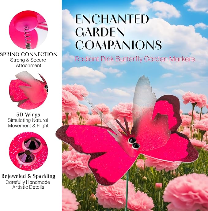 Handmade Glowing Pink Butterfly Garden Stakes Set of 7 - Decorative Outdoor & Indoor Plant Decor - Nature Lover Gift Idea by Air Aquarium Kushner