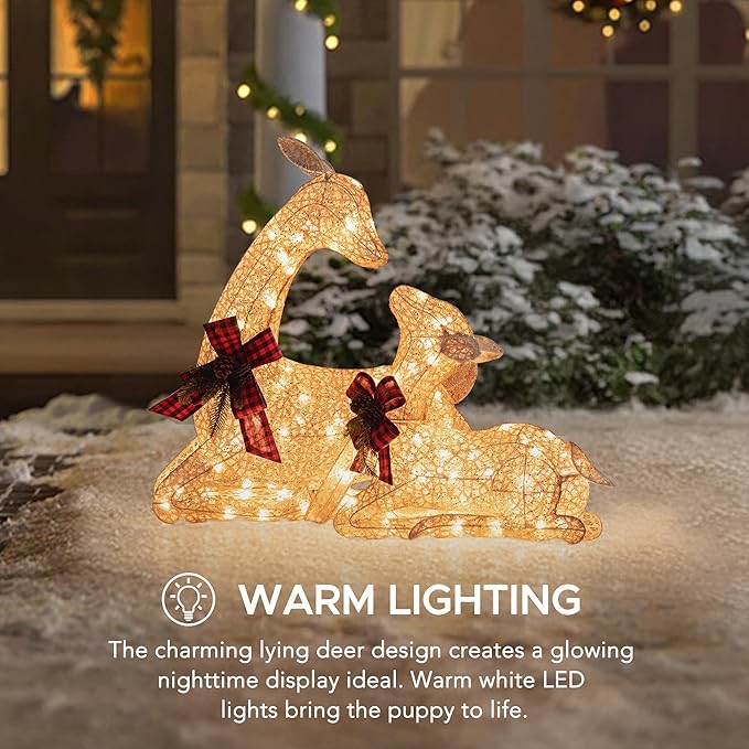 SUNJOY Large 2-Piece Christmas Lighted Lying Deer, 3D Tinsel Santa Lying Deer Outdoor Garden Yard Lawn Festive Holiday Decoration with Lights for Indoor & Outdoor