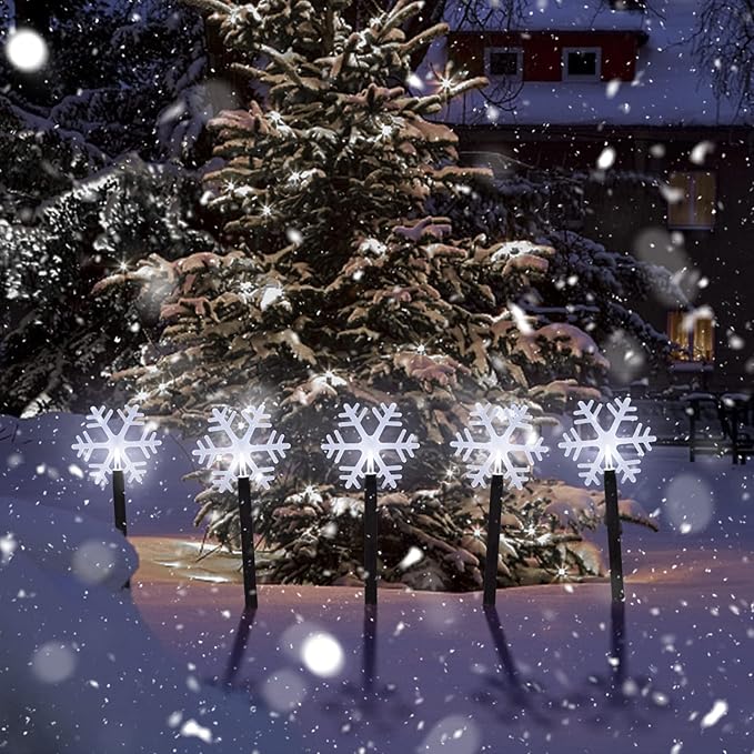 BRIGHTDECK Snowflake Solar Christmas Decorations Outdoor, 5 Pack LED Pathway Lights, Waterproof Snowflake Pathway Lights, Stake Lights for Christmas Garden Decor (5Pcs Cold White)