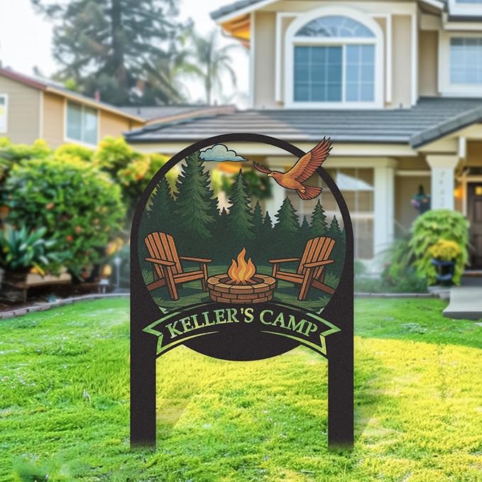 Personalized Camping Signs, Colorful Camping Decor for Outside, Customized Camp Name Sign with Stakes, Custom Signs Outdoor Metal, Metal Yard Art, Patio Decor, Gifts for Campers Color08