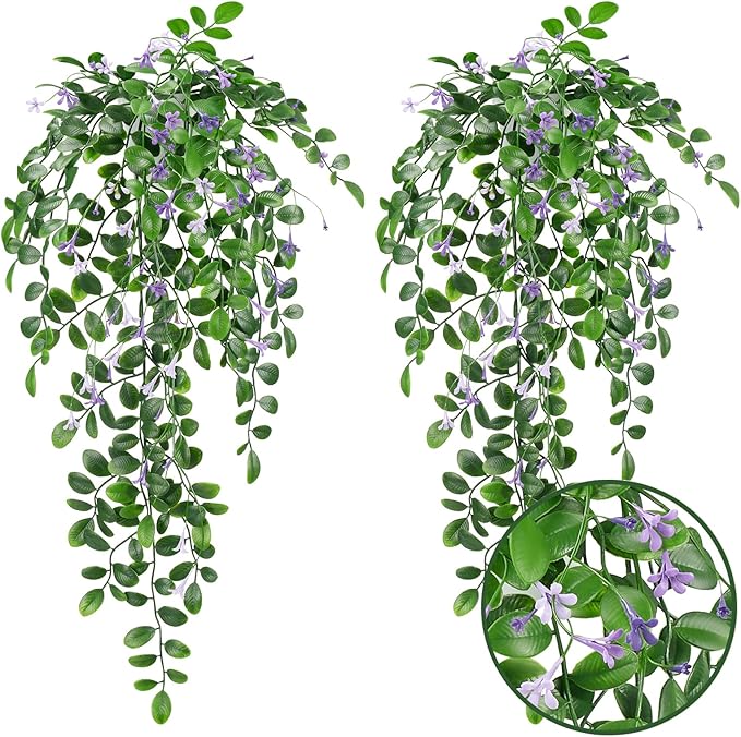Artificial Hanging Plants, 2Pcs Fake Ivy Vine Artificial Ivy Leaves with Purple Flowers for Wedding Wall House Room Patio Indoor Outdoor Home Office Decor Purple