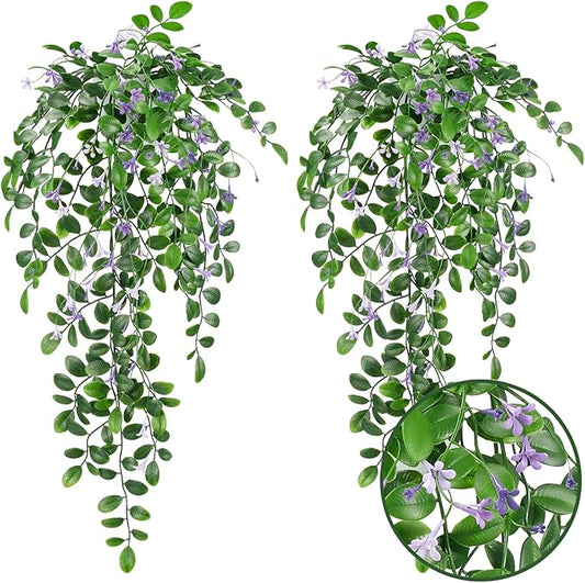 Artificial Hanging Plants, 2Pcs Fake Ivy Vine Artificial Ivy Leaves with Purple Flowers for Wedding Wall House Room Patio Indoor Outdoor Home Office Decor Purple