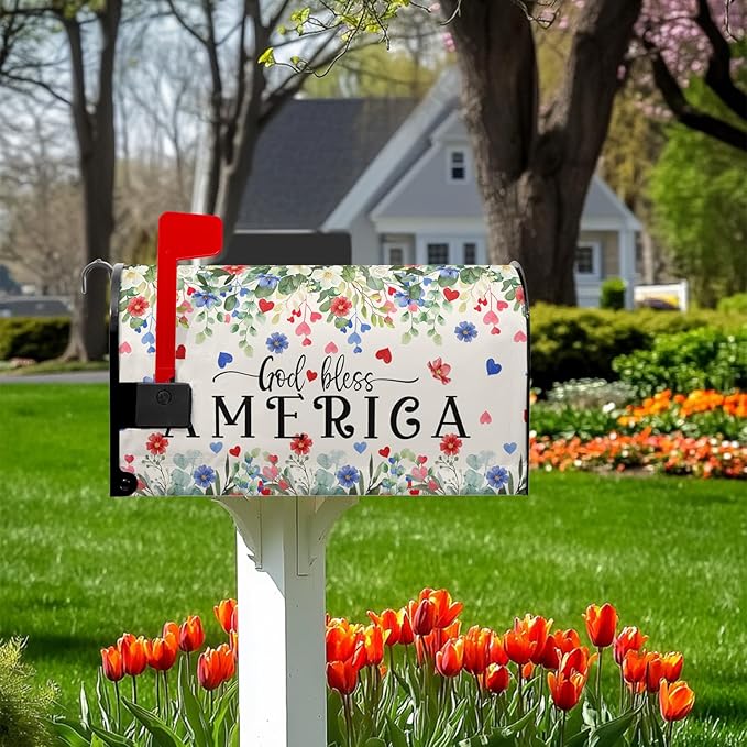 God Bless Patriotic Mailbox Covers 4th of July Mailbox Cover Magnetic Standard Size 21x18 in Red and Blue Floral Post Letter Box Cover Wrap Outdoor Decor for Garden Eucalyptus Leaf