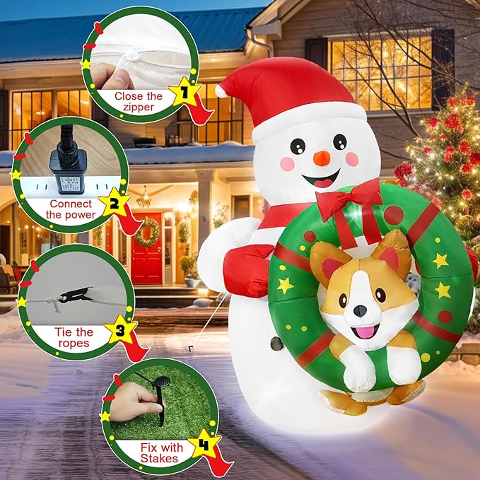 6FT Inflatable Outdoor Decorations, Christmas Blow Ups Snowman Decor with Corgi on The Wreath, Yard Decorations with LED for Outside Indoor Holiday Party Lawn