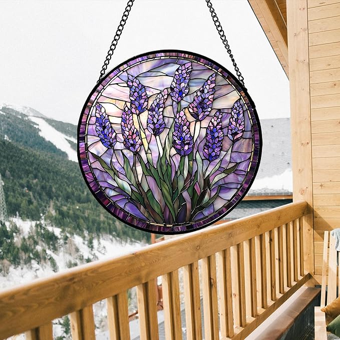 Stained Glass Window Hanging - Purple Flowers Suncatcher for Door Terrace Garden Home Decor Lavender Plant Floral Sun Catcher Birthday Gifts for Lovers Women Men Dad Mom Nana 15 in