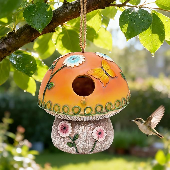 Solar Birdhouse for Outdoor Hanging, Mushroom Bird House with Lights Outside, Resin Garden Statue Decorative Nesting Box for Chick Blue Bird Hummingbird Woman Gifts for Yard Patio